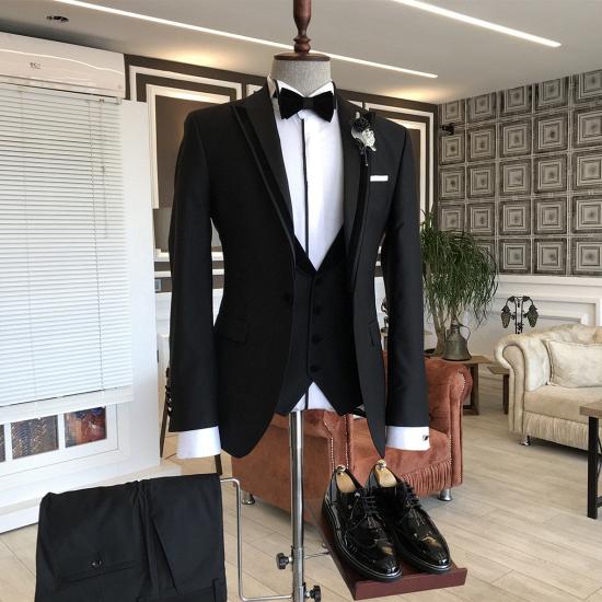 Martha Handsome Black Peaked Lapel 3-pieces Business Men Suits_2