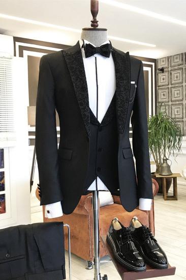 Alexander Traditional Black 3-pieces Peaked Jacquard Lapel Men Suit For Business