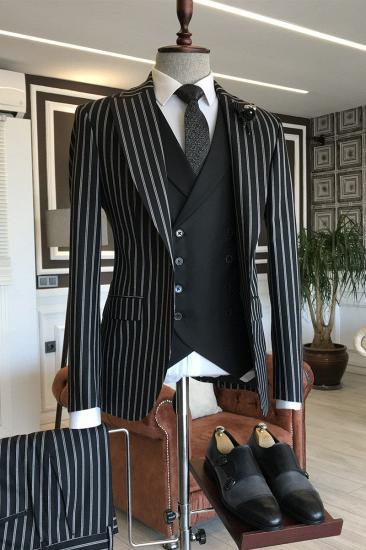 Popular Black And White Striped 3-pieces Peaked Lapel Suits For Men | Happnessmall