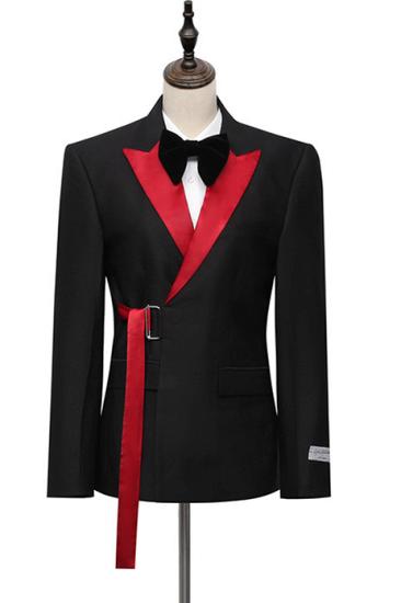 Fashion Black Peaked Lapel Slim Fit Men Suits With Adjustable Buckle_1