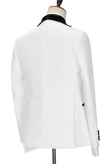 Evelyn New Fashion White Jacquard Three Pieces Wedding Men Suits with Velvet Lapel_2