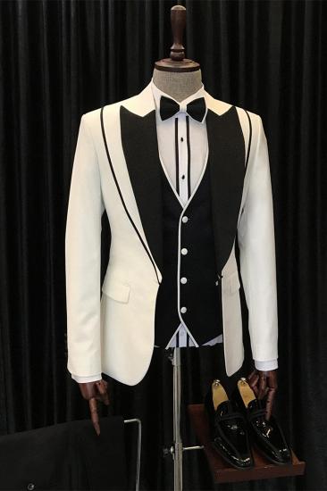 Modern White And Black Peaked Lapel Three Pieces Wedding Suits | happnessmall_1