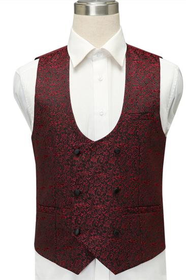 Fashionable Burgundy single button shawl lapel jacquard groom set_4