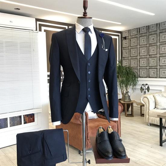 Andrew Newest Blue Striped Peaked Lapel 3-Pieces Business Men Suits_2