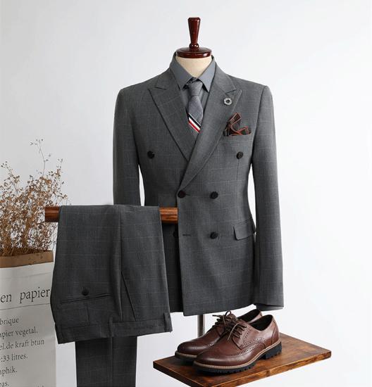 Popular  Dark Gary Peaked Lapel Double Breasted Plaid Men Suits | happnessmall_2
