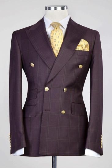 Popular  Bugundy Plaid Double Breasted Best Fitted Men Suits