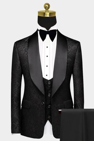 Traditional black satin shawl lapel ball suit | Popular single button jacquard wedding tailcoat