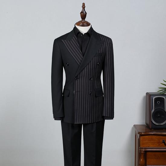 Classical Formal Black Striped Peaked Lapel Double Breasted Bespoke Business Suit_2