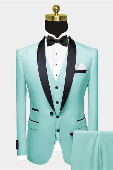 Unique Mint Green One Button Groom Wedding | Black Satin Lapel Shawl Ball Set