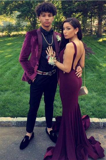 Orion Smart Burgundy Two Pieces Peak Lapel Velvet Prom Suits for Men_1