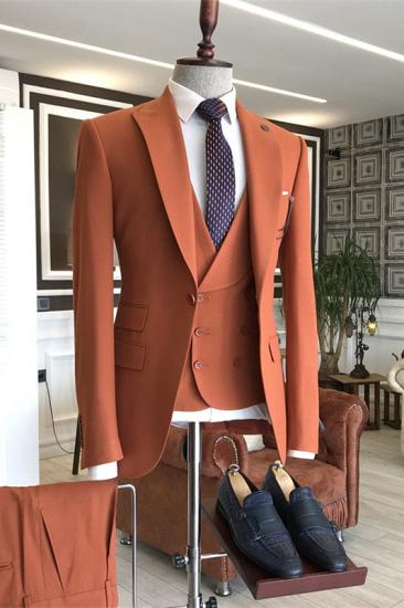 Ethan Smart Coral Red Slim Fit Peaked Lapel Three Piece Men's Suits_1