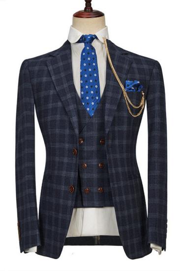 Happnessmall Fashion Dark Blue Plaid Notched Lapel Men Suits