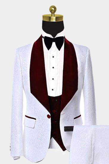 Burgundy Velvet Polo Ball Set | White Jacquard Unique One Button Wedding Tailcoat