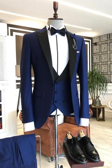 Best Fitted Royal Blue 3-pieces Black Peaked Lapel Business Men Suits | Happnessmall_1
