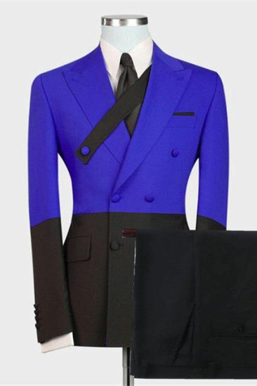 Modern Royal Blue And Black Double Breasted Peaked Lapel Prom Men Suits