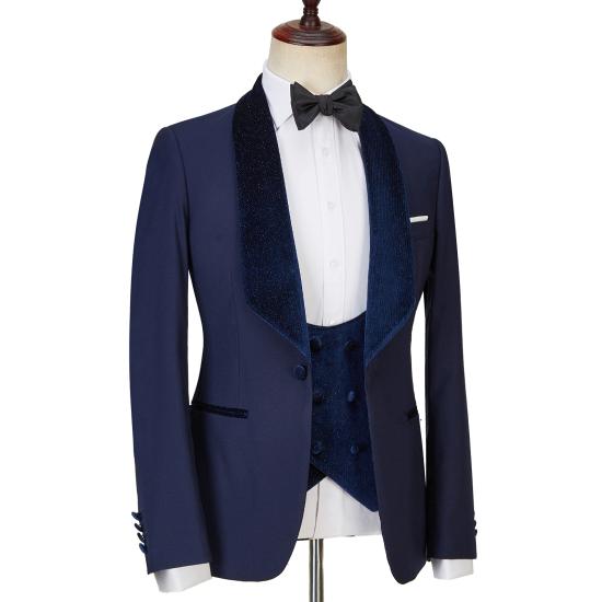 Latest Design Navy Blue Glow Collar Three Piece Set | Men's One Button Wedding Set_4