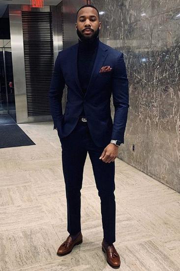 Dark Navy Notched Lapel Prom Men Suits with Black Pants | Happnessmall_1