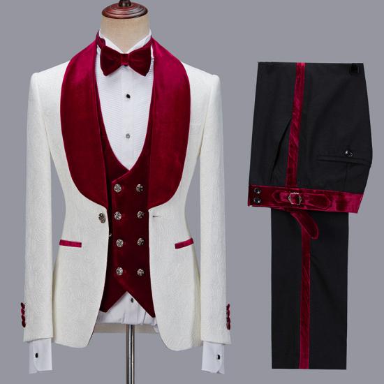 Prokopiou White Chic Jacquard Three Pieces Wedding Suit With Red Velvet Lapel_3
