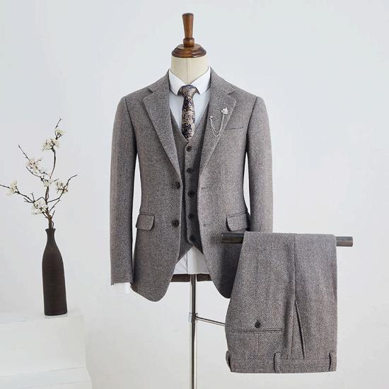 William Stylish Coffee Small Plaid 3 Pieces Notched Lapel Bespoke Business Suit_2