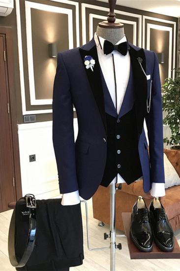 Samuel Dark Navy Fashion Peaked Lapel Men Suits with Velvet Lapel_1