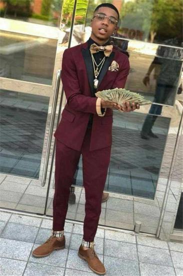 Caspian Handsome Burgundy Two Piece Mens Suits with Black Lapel