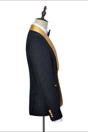 Magnus Gold Shawl Lapel One Button Wedding Tuxedo | Black Jacquard Thaddeus Prom Suits_4