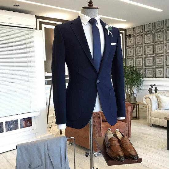 Gentle Dark Blue Notched Lapel One Button Two Flaps Business Men Suits_2