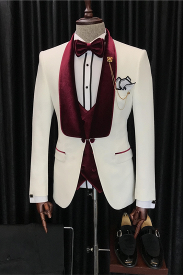 Theodora Chic White Three Pieces Wedding Suit with Velvet Lapel_1