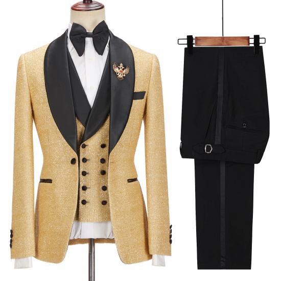 Fashionable Sparkly Golden Shawl Lapel  Three Pieces Men Suits For Wedding | Happnessmall_2