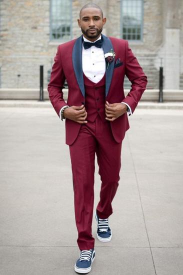 Burgundy solid color slim fit men's suit | black shawl lapel men's suit