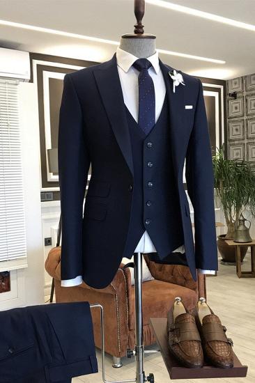 Evelyn Classic 3-Pieces Solid Navy Blue Peaked Lapel Men Business Suits_1