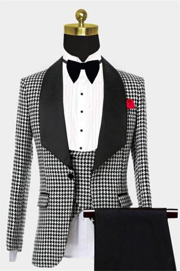 Popular Black and White Houndstooth Huge Shawl Lapel Silk Tuxedo | Business Three Pieces Men Suits
