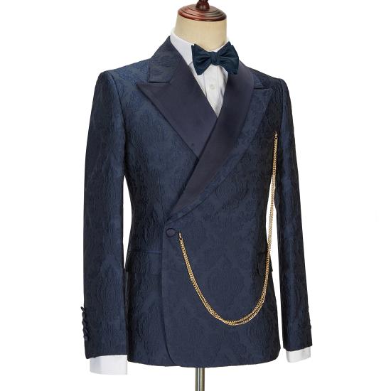 New Arrival Navy Blue Slim Fit Jacquard Peaked Lapel Wedding Men Suits_2