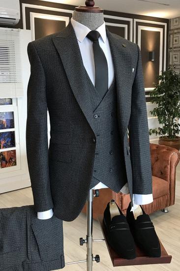 Happnessmall Black Small Plaid Peaked Lapel Double Breasted Custom Business Suits With Waistcoat