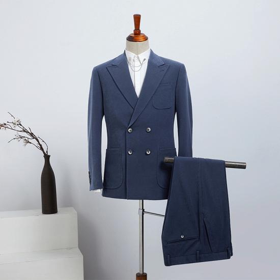 Elijah Modern Blue Peaked Lapel Double Breasted Business Suit For Men_2
