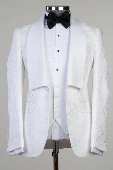 Fashionable White Jacquard Shawl Lapel Three Pieces Men Suits For Wedding | Happnessmall_1