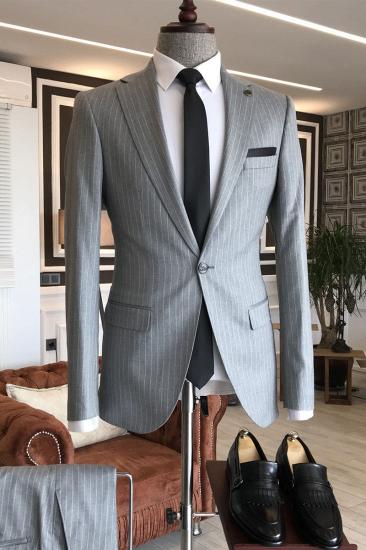 Zane Formal Gray Striped Notched Lapel Slim Fit One Button Business Men Suits