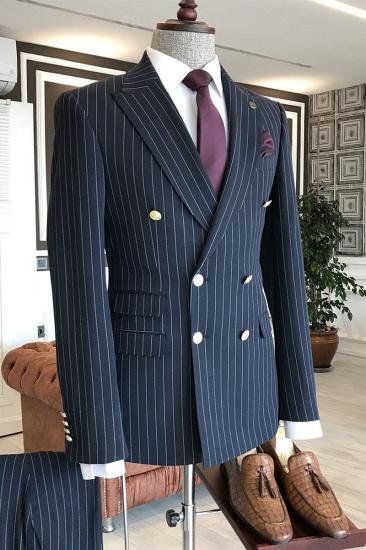 Vasilis Stylish Navy Blue Peaked Lapel Striped Double Breasted Slim Fit Business Men Suits