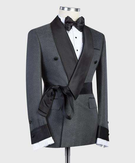 Dark Gray Double Breasted Shawl With Lapel And Slim Fitting Men'S Suit | Unique Silk Collar Men'S Suit_2