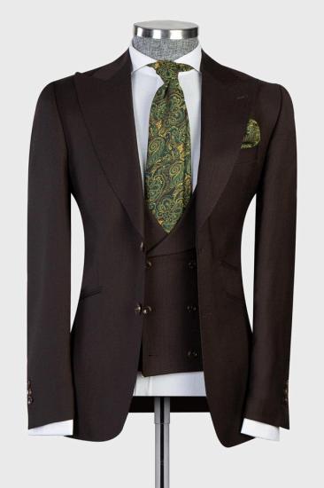 Newest Dark Brown Peaked Lapel Three Pieces Men Suits For Business | Happnessmall_1