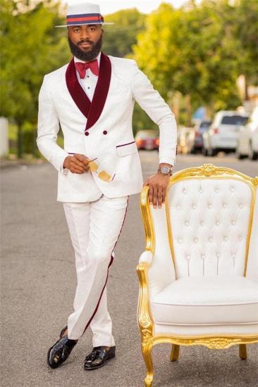 Finnian Chic White Jacquard Double Breasted Wedding Suit with Burgundy Lapel