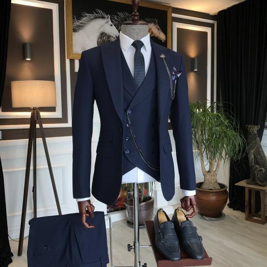Noah Dark Navy Close Fitting Peaked Lapel Three Pieces Men Suits_2