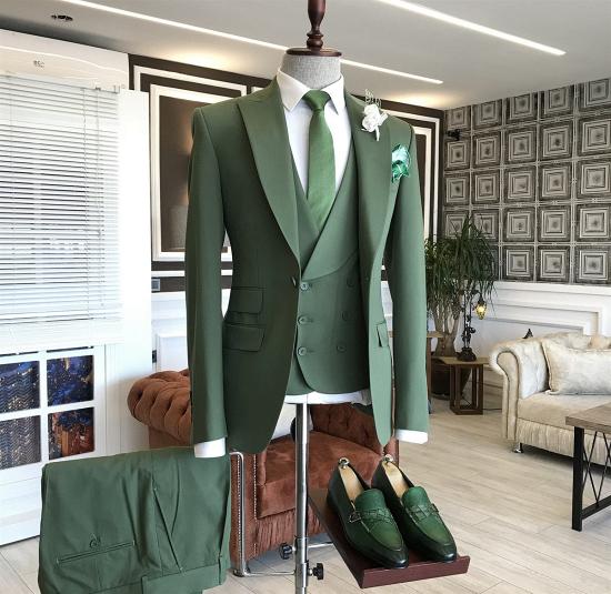 Ethan Smart Green Slim Fit Peaked Lapel Three Piece Men's Suits_2