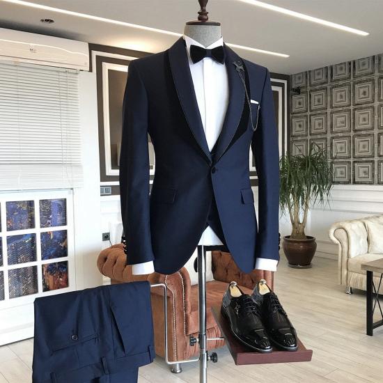 Petros Trendy Navy Blue Shawl Lapel With One Button Wedding Suit_2