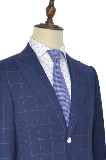 Happ Navy Blue Two Buttons Check Pattern Peak Lapel Business Suits for Men_3