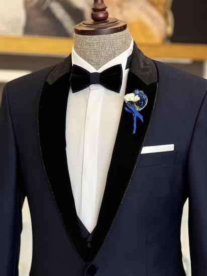 Modern Dark Blue Splicing Shawl Lapel Three Pieces Men Suits | Happnessmall_2