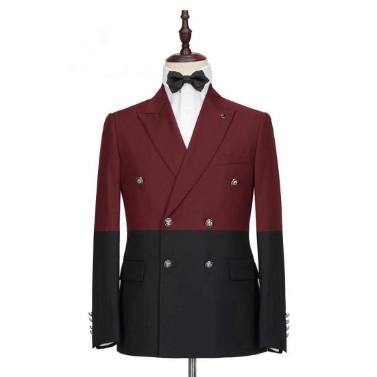 Unique Burgundy and Black Double Breasted Peaked Lapel Men Suits for Prom_4