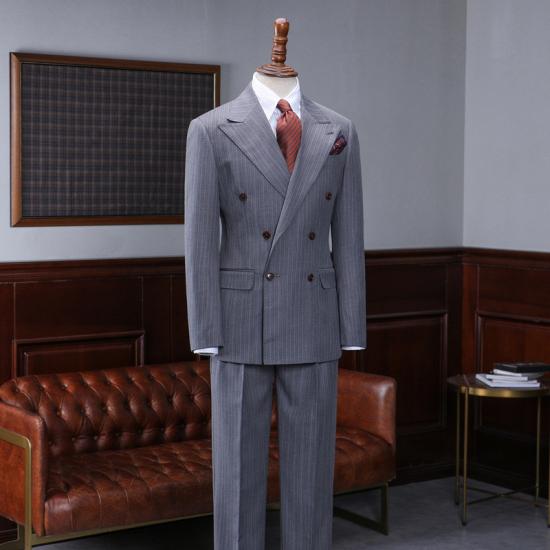 Paul Stylish Gray Striped Peaked Lapel Double Breasted Custom Suit For Business_2