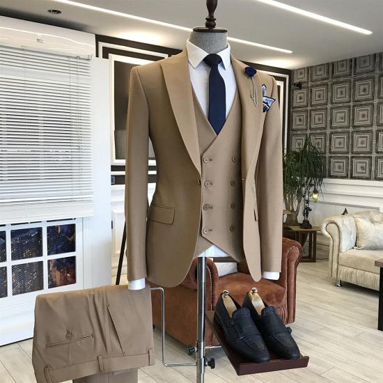 Formal Solid Brown Peaked Lapel Men Business Suits | Happnessmall_2