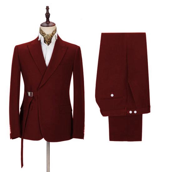 Fashion Peak Lapel Buckle Button Formal Burgundy 2 Piece Men's Casual Suit With Adjustable Buckle_2